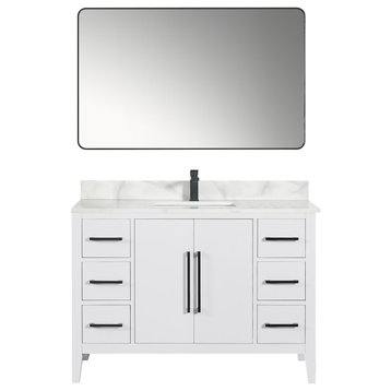 Laurel Bathroom Vanity with Calacatta White Quartz Stone Countertop, White, 48", With Mirror