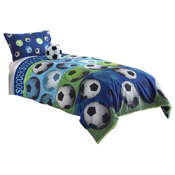 3 Piece Twin Size Comforter Set With Soccer Theme, Multicolor