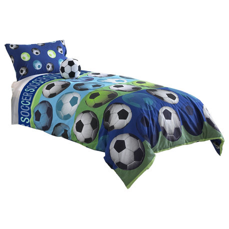 3 Piece Twin Size Comforter Set With Soccer Theme, Multicolor