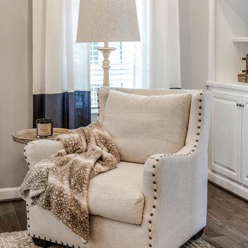 Gray Greek Key Rug Family Room with Colorblock Navy Curtains