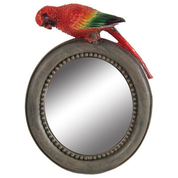 Round Wooden Framed Mirror With Parrot Sculpture Top, Multicolor