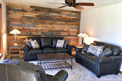 Example of a mid-sized transitional enclosed carpeted and beige floor family room design in Milwaukee with multicolored walls