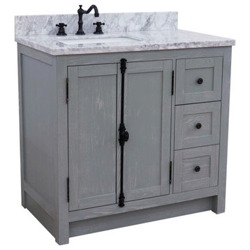 37" Vanity, Gray Ash With White Carrara Top, Left Doors/Left Rectangle Sink