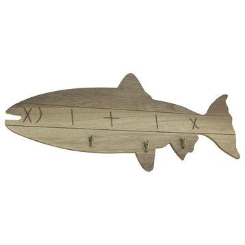 Distressed Wooden Fish Shaped 3 Hook Hanging Wall Rack 27.5 Inches Long