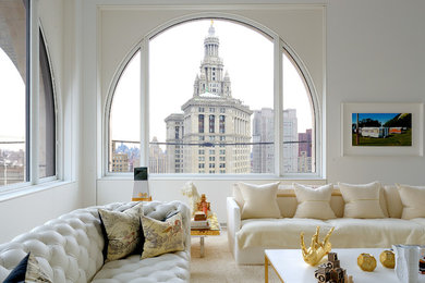Design ideas for a scandinavian open concept family room in New York with white walls and carpet.