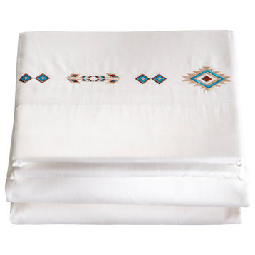 Embroidered Southwest Cotton Bed Sheets, Off White, Queen