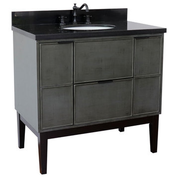 37" Single Vanity, Linen Gray Finish With Black Galaxy Top And Oval Sink