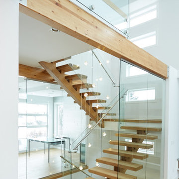 white oak mono stringer with stainless steel hand rail