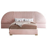 Meridian Furniture - Cleo Velvet Upholstered Bed With Custom Gold Steel Legs, Pink, King - Enjoy sweet dreams in this beautiful Cleo pink velvet king size bed. The tall, luxurious velvet headboard is upholstered in a channel-tufted style, flanked by removable fan-shaped side pieces. The footboard and rails are comfortably upholstered in soft pink velvet as well, with gold steel legs supporting the frame. Matching pieces are available in the same collection, allowing you to complete the contemporary style of this look for an elegantly glamorous bedroom.