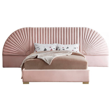 Cleo Velvet Upholstered Bed With Custom Gold Steel Legs, Pink, King