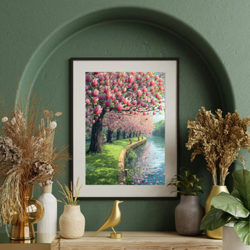 Modern Japanese Cherry Blossom Tree Spring Landscape Canvas Wall Art