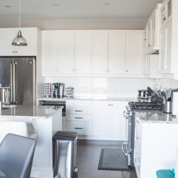 View of the kitchen counter space and island