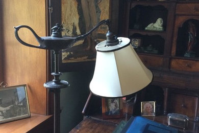 Vintage Tiffany floor lamp with restored silk shade trimmed in brown velvet