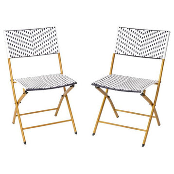 Set of 2 French Bistro Chairs in PE Rattan with Metal Frames, Navy/White
