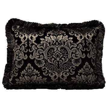 Floral Medallion Throw Pillow With Fringe, Black/Gold, 14x21