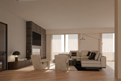 Immagine di un grande soggiorno contemporaneo aperto con pareti beige, pavimento in legno massello medio e pavimento marrone