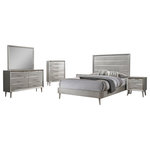 Modon - Ramon 5-piece Full Panel Bedroom Set Metallic Sterling - Ramon 5-piece Full Panel Bedroom Set Metallic Sterling Update your bedroom to a glamourous modern space with a bedroom set from the Ramon collection. Mid-century modern lines get an unexpected dose of luxe style with metallic and mirrored finishes in this distinctive modern glam bedroom set. Beveled mirrored surfaces peek from behind textured metallic silver panels for a Hollywood look. Felt-lined top drawers protect your jewelry and keepsakes. Choose from a full range of bed sizes and furniture pairings to create the perfect modern glam bedroom. Round tapered wooden legs and wide metal hardware speak to the mid-century modern elements of this collection Metallic silver finish and mirrored acrylic horizontal reveals, combines with beveled picture frame design for a specific look Mid century modern meets city glam to create this fun sparkling eye candy Product Includes: Full Bed Nightstand Dresser Dresser Mirror Chest