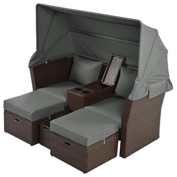 Unique Patio Set, Cushioned Seats With Cup Holders & Retractable Canopy, Gray
