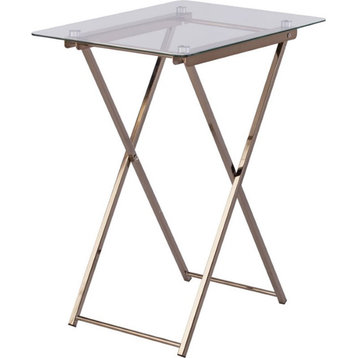 Pemberly Row Folding Glass Top Tray Table in Champagne Copper