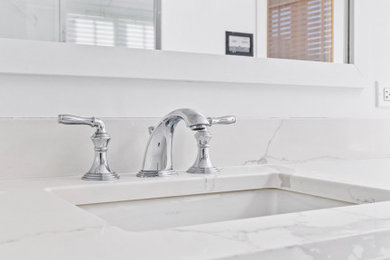 Inspiration for a large modern master bathroom remodel in Chicago with shaker cabinets, white cabinets and a built-in vanity