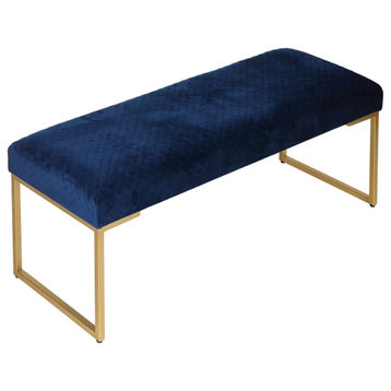 Cortesi Home Claymore Large Ottoman Bench with Painted Gold Legs, Blue Velvet
