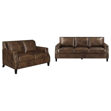 Coaster 2-Piece Farmhouse Upholstered Recessed Arms Leather Sofa Set in Brown
