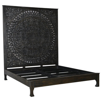 Milano Low Profile Carved Wood Bed, Antique Black, Queen, Regular Headboard