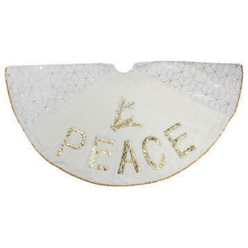 48" White and Gold Peace and Reindeer Christmas Tree Skirt