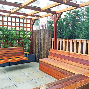 Harlem Rooftop Garden with Pergola, Trellis, Swing, and Fiberglass Planters