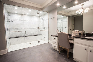Large 1950s marble tile single-sink double shower photo in Other with a hinged shower door