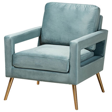 Covalt Glam Luxe Light Blue Velvet Fabric Upholstered and Gold Finish Armchair