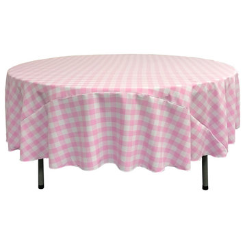 LA Linen Round Gingham Checkered Tablecloth, White and Pink, 72" Round