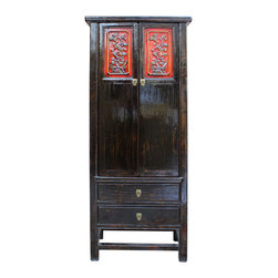 Chinese Distressed Black Red Floral Motif Tall Slim Storage Cabinet cs2249 - Accent Chests And Cabinets