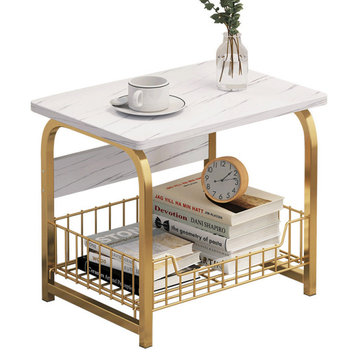 Metal Side Table With Storage, White Marbling/Metal Frame, 1 Shelf