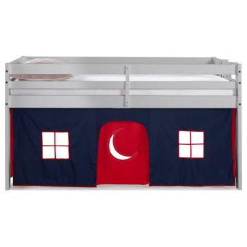 Jasper Twin Junior Loft Bed, Dove Gray Frame and Blue/Red Playhouse Tent