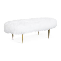 Odet Contemporary Velvet Bench With Sheepskin Seat Cover