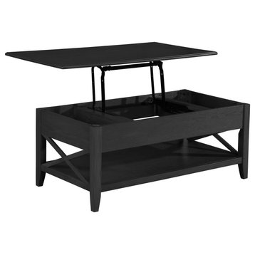 Farmhouse Coffee Table,xShaped Sides With Lift Top and Lower Open Shelf, Black