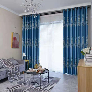 QYFL1121A Barwon European Flowers Blue Jacquard Custom Made Curtains For Living
