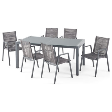 Richfield Outdoor Modern 6 Seater Aluminum Dining Set With Tempered Glass Top, G