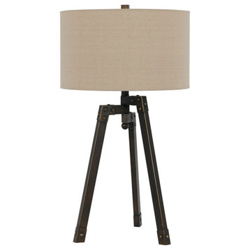 Metal Tripod Base Table Lamp With Fabric Drum Shade, Bronze And Beige