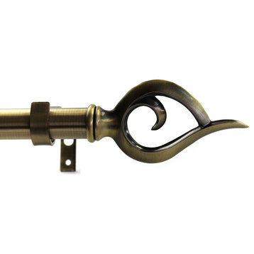 1" Flame Drapery Curtain Rod, Antique Brass, 28"-48"