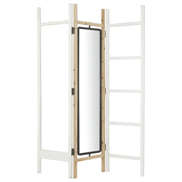 Foldable Room Divider, 3 Panel Design With Mirrored Shades & Ladder Rack, White