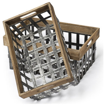 Set of Two Wood and Metal Crate Baskets