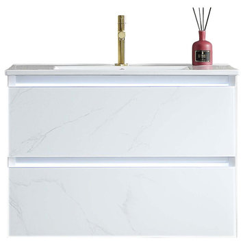 LED Lighted Bathroom Vanity With Ceramic Sink and Dimmed Light, Calacatta White, 30"