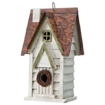 12"H Washed White Distressed Solid Wood Cottage Birdhouse