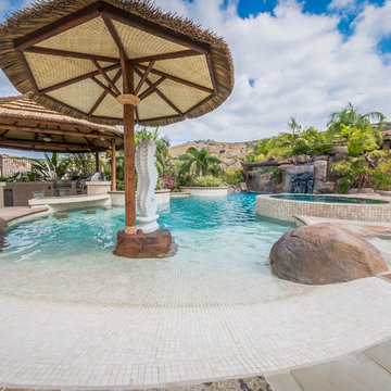 Tropical Beach Entry Pool & Spa with a Rock Slide & Grotto