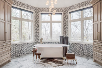 Large beach style master gray tile and porcelain tile porcelain tile, white floor and double-sink bathroom photo in Wichita with raised-panel cabinets, gray cabinets, a one-piece toilet, gray walls, an undermount sink, quartzite countertops, a hinged shower door, blue countertops and a built-in vanity