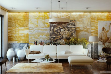 Example of a small tuscan formal and loft-style dark wood floor living room design in Other with yellow walls