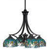 4 Light Chandelier, Matte Black Finish With 7" Turquoise Cypress Tiffany Glass