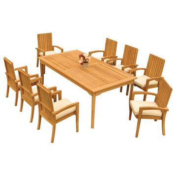 9-Piece Outdoor Teak Dining Set: 83" Rectangle Table, 8 Goa Stacking Arm Chairs